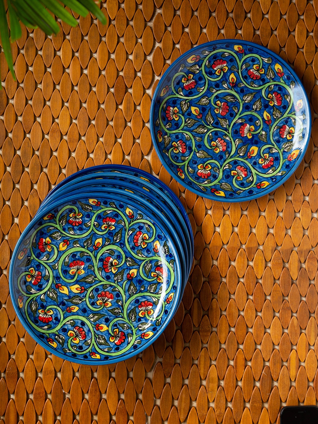 

ExclusiveLane Set of 6 Mughal Gardens Hand-painted Ceramic Dinner Plates, Blue