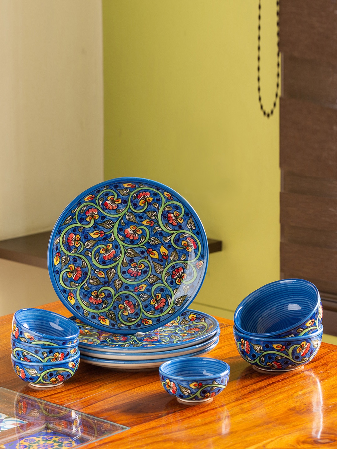 

ExclusiveLane Set Of 10 Blue & Green Hand-Painted Ceramic Dinnerware