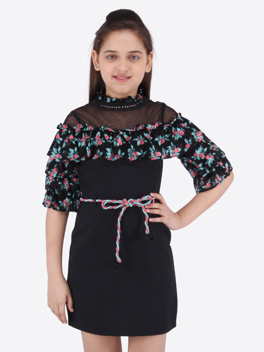 

CUTECUMBER Girls Black & Pink Floral Printed Sheath Dress