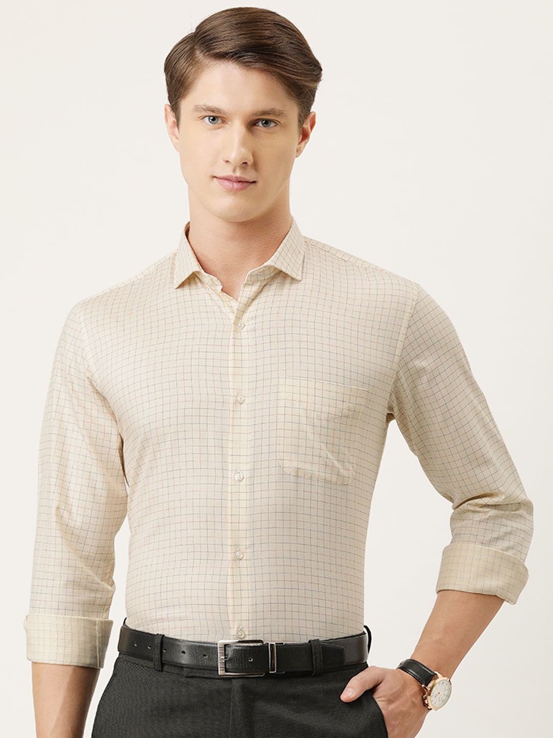 

Peter England Men Cream-Coloured & Red Slim Fit Checked Formal Shirt