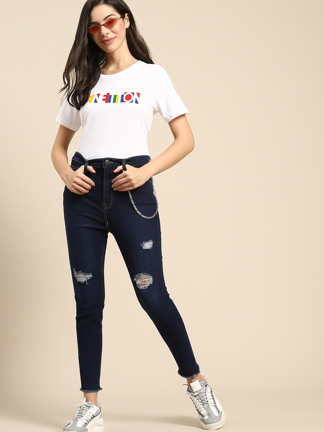 

United Colors of Benetton Women Navy Blue Skinny Fit Mildly Distressed Stretchable Jeans