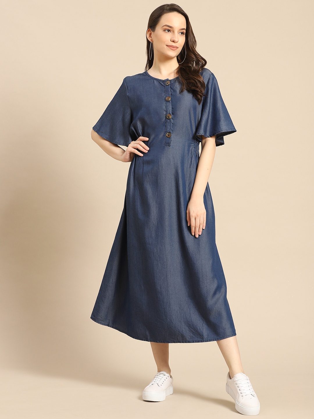 

United Colors of Benetton Navy Blue Solid Chambray A-Line Midi Dress