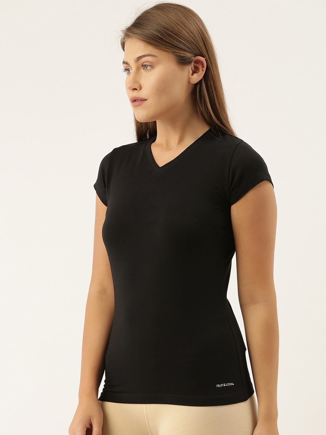 

Fruit of the loombis Women Black Solid V-Neck Lounge T-shirt