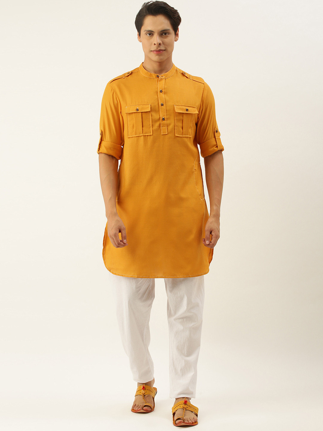 

Ode by House of Pataudi Men Mustard Yellow Solid Kurta With Shoulder Flap