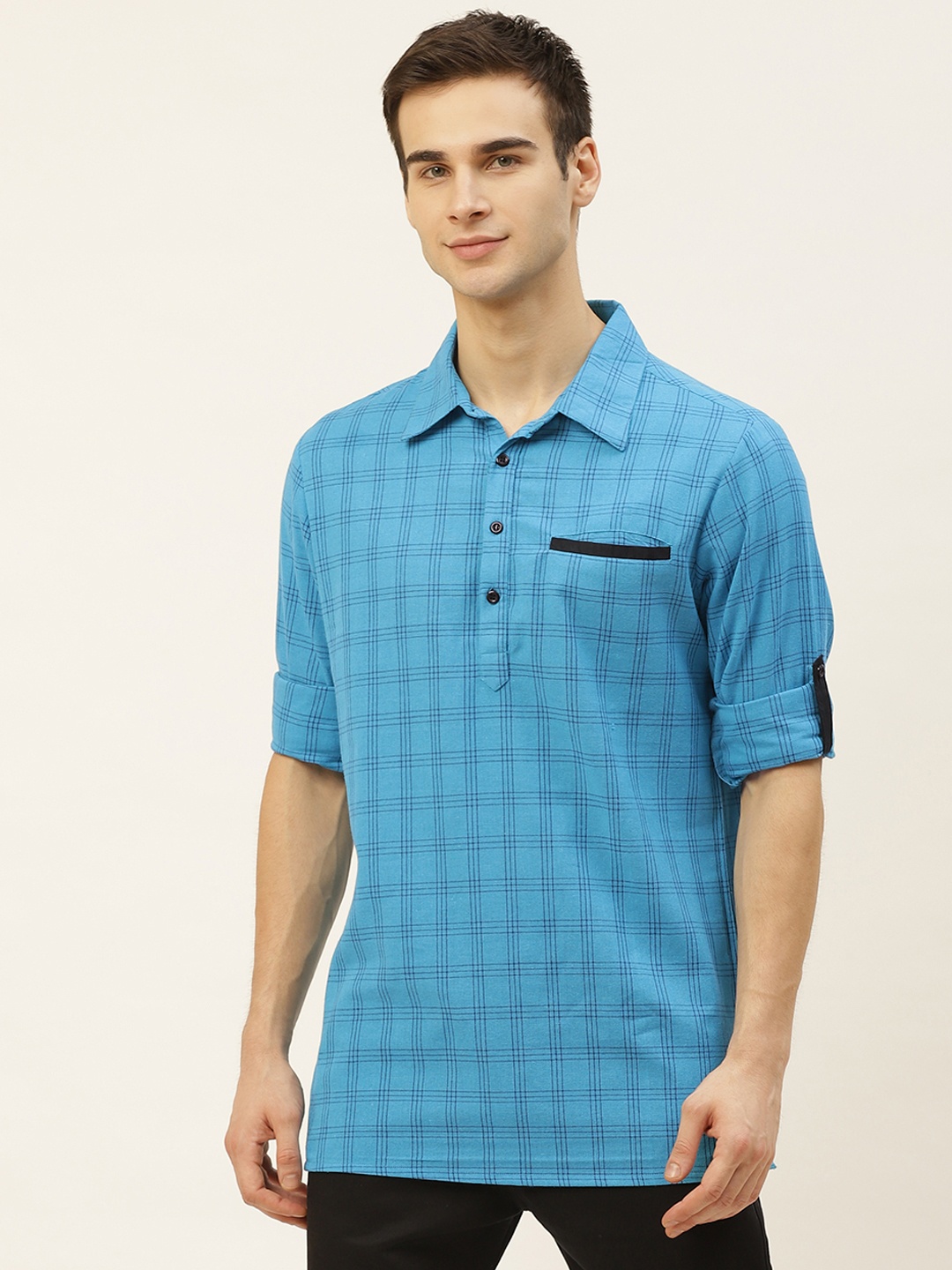 

Ode by House of Pataudi Men Blue Pure Cotton Checked Kurta