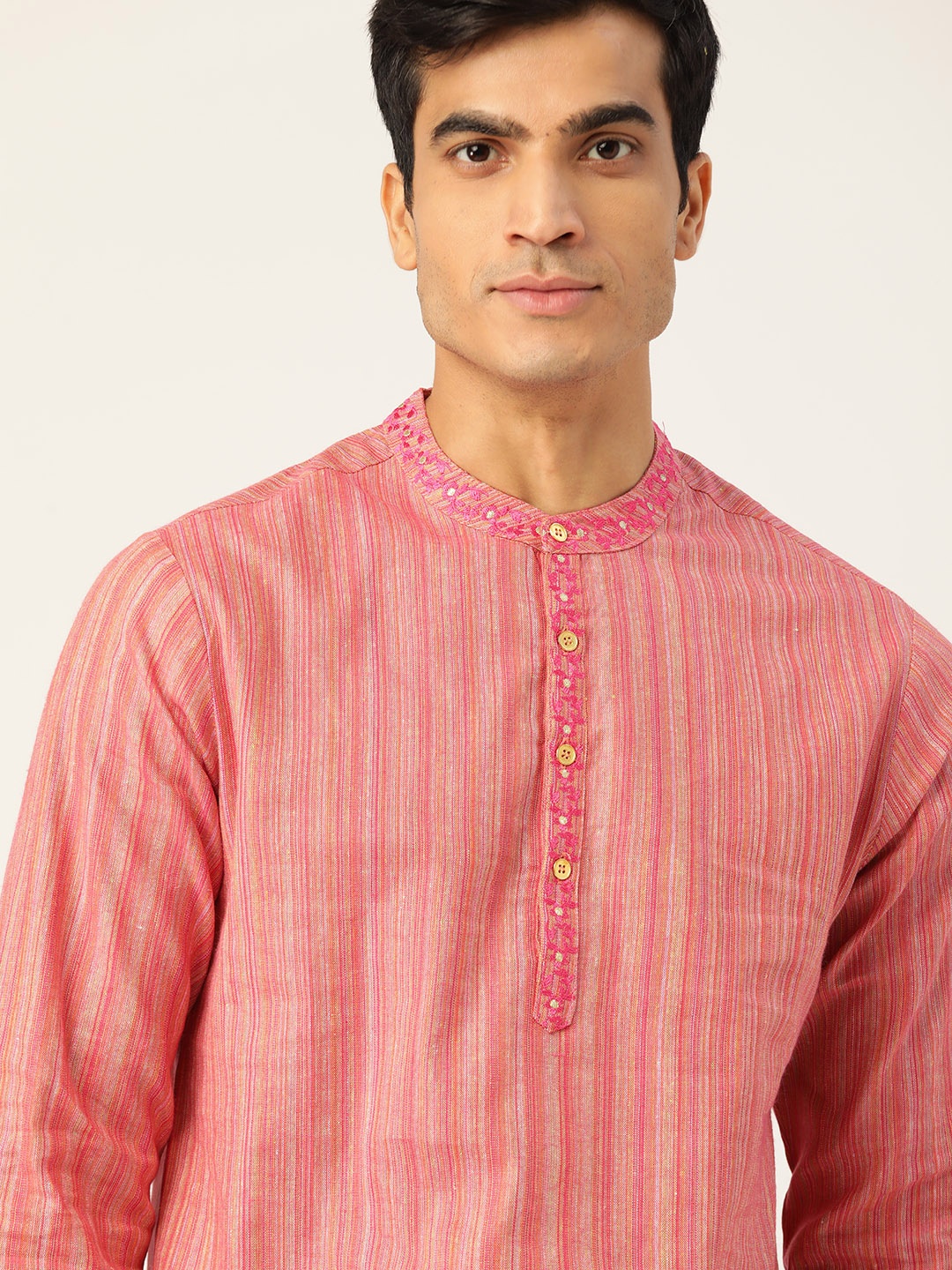 

Ode by House of Pataudi Men Pink & Yellow Pure Cotton Self Striped Rozana Kurta
