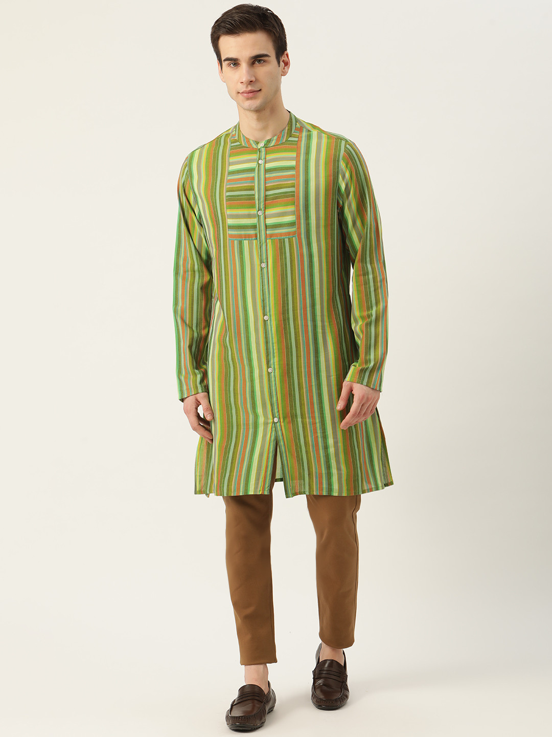 

Ode by House of Pataudi Men Yellow & Green Striped Rozana Kurta