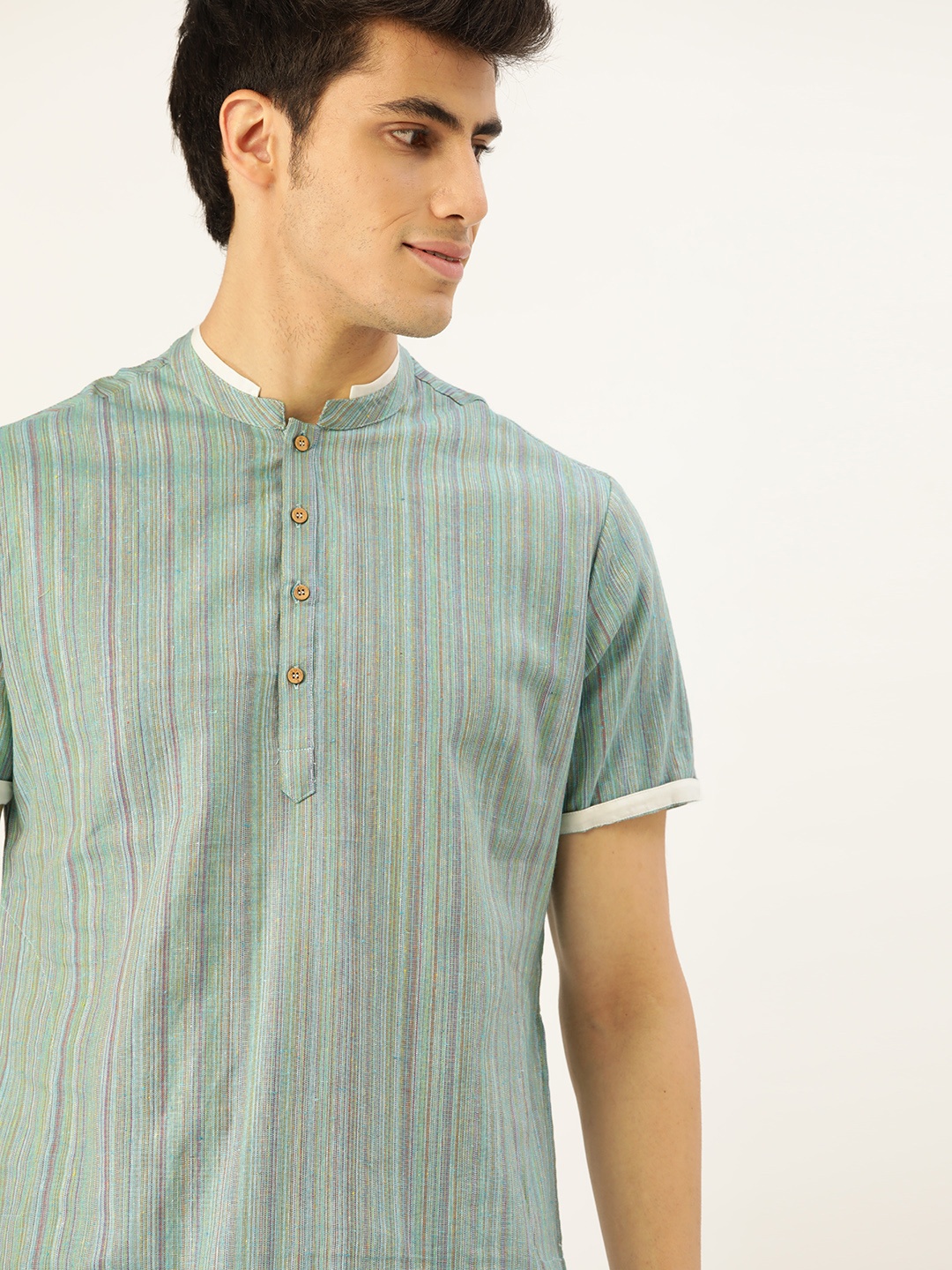 

Ode by House of Pataudi Men Sea Green Striped Straight Rozana Kurta