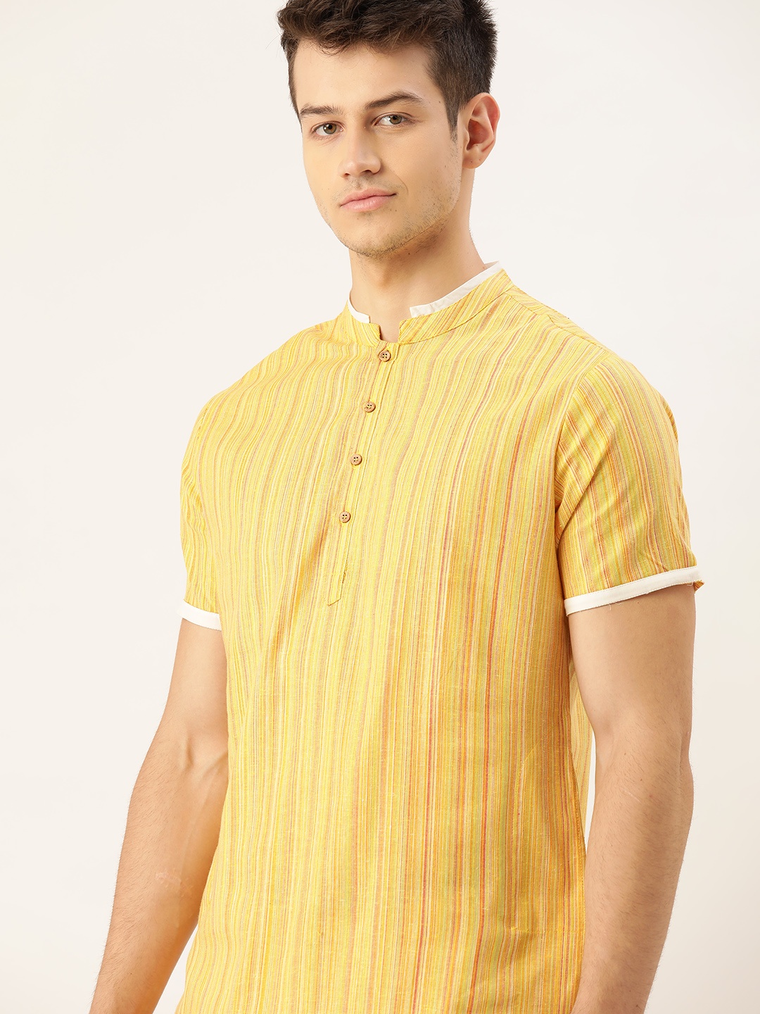 

Ode by House of Pataudi Men Yellow & Red Striped Pure Cotton Rozana Kurta