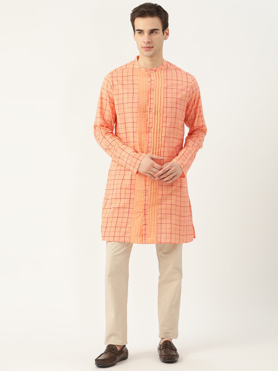 

Ode by House of Pataudi Men Peach & Red Checked Pure Cotton Jashn Kurta