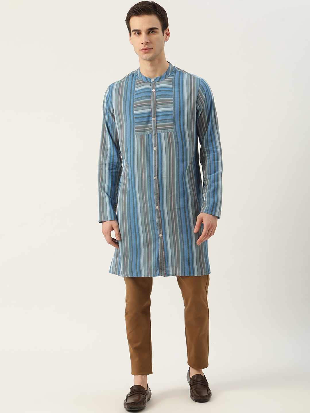 

Ode by House of Pataudi Men Blue & Grey Striped Rozana Kurta