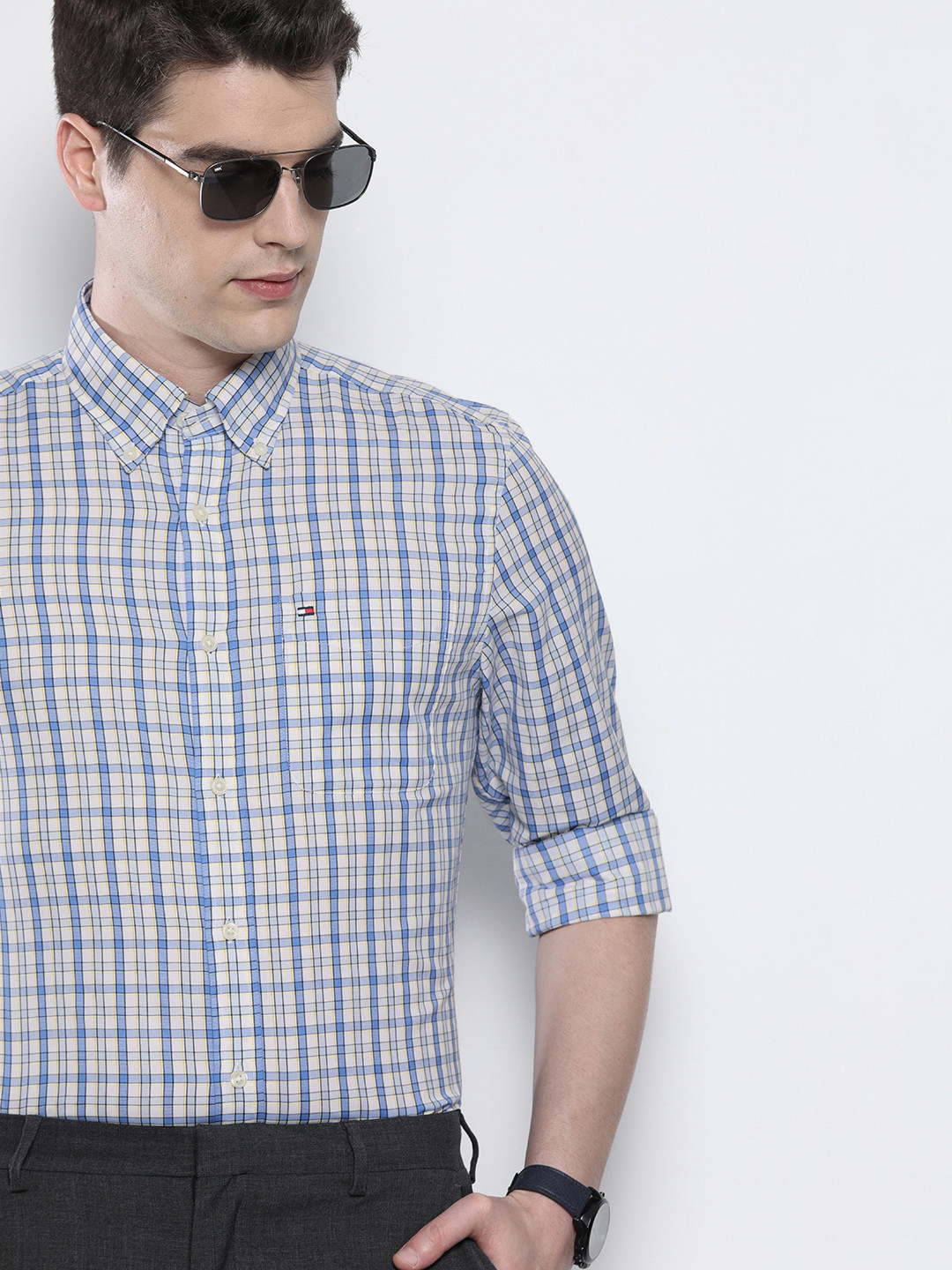 

Tommy Hilfiger Men Blue & Yellow Pure Cotton Checked Shirt