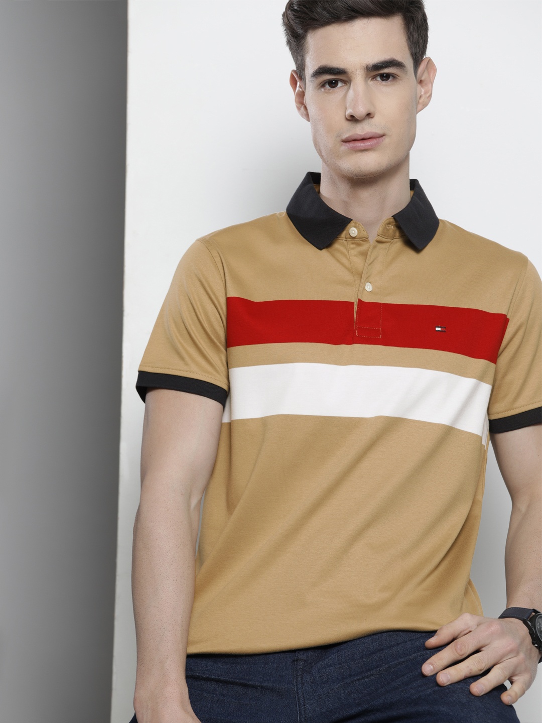 

Tommy Hilfiger Men Beige Colourblocked Pure Cotton Polo Collar T-shirt