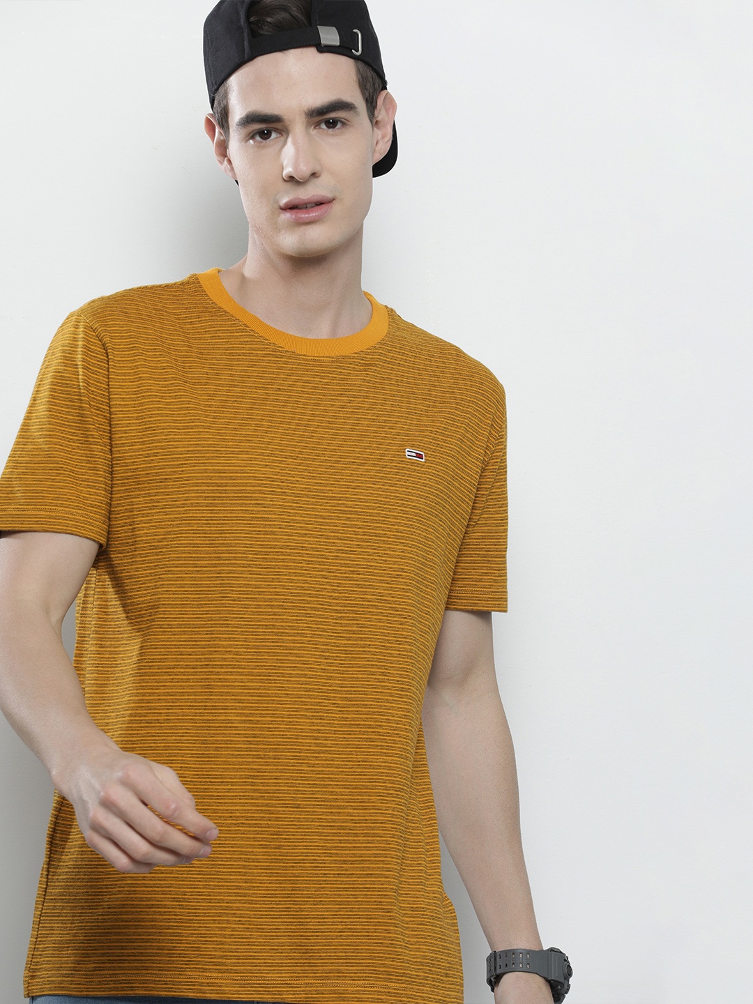 

Tommy Hilfiger Men Mustard Yellow & Brown Striped Round Neck T-shirt