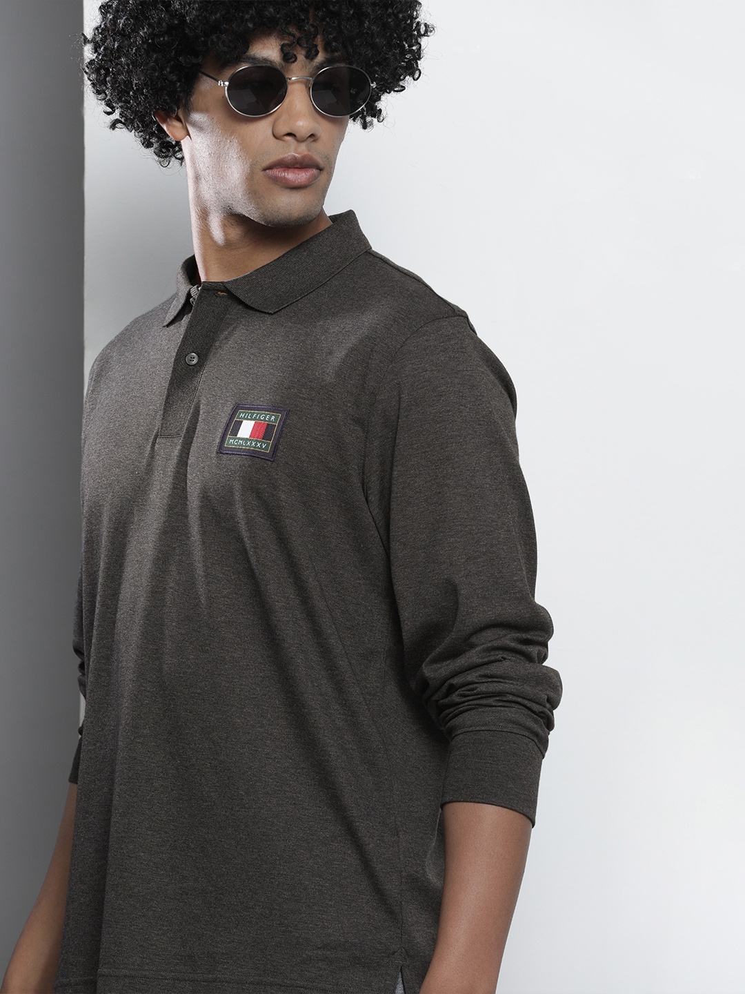 

Tommy Hilfiger Men Charcoal Grey Solid Polo Collar Pure Cotton T-shirt