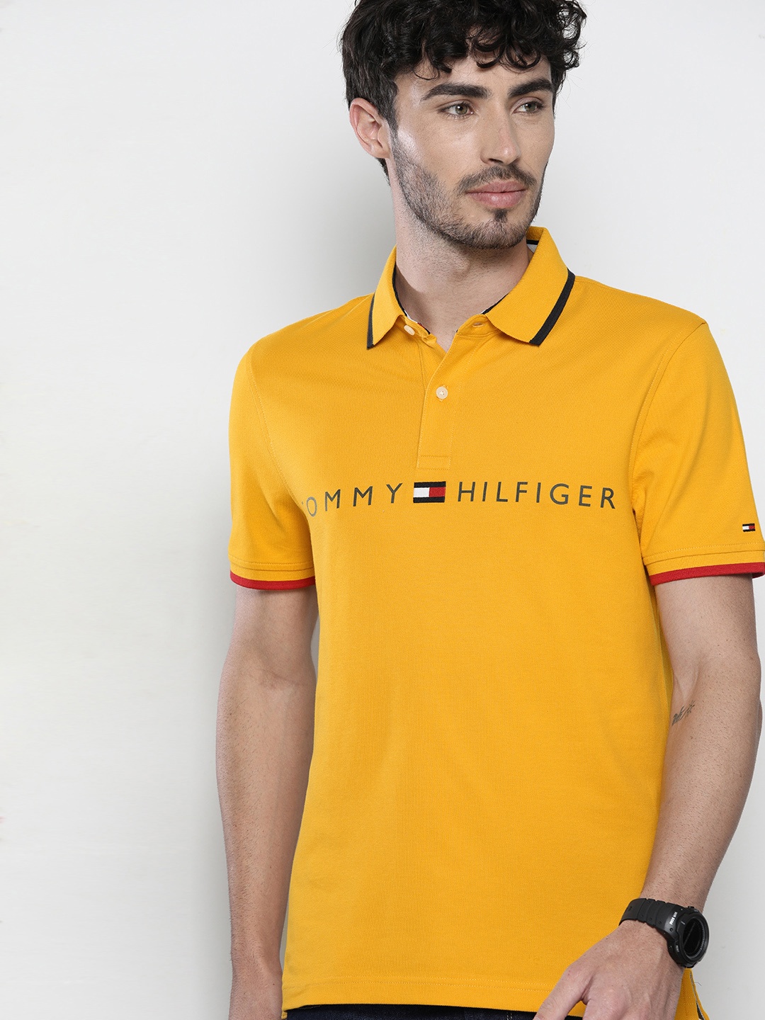 

Tommy Hilfiger Men Mustard Yellow Printed Polo Collar T-shirt