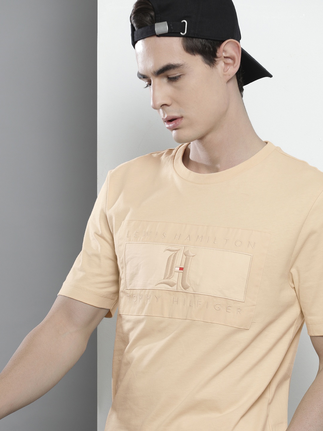 

Tommy Hilfiger Lewis Hamilton Men Beige Embroidered Round Neck Pure Cotton T-shirt