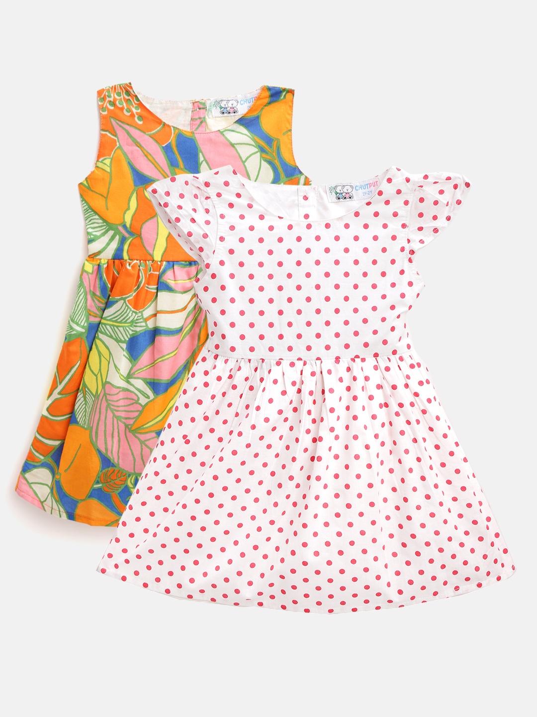 

CHUTPUT Girls Pack of 2 Printed Cotton A-Line Dresses, Multi