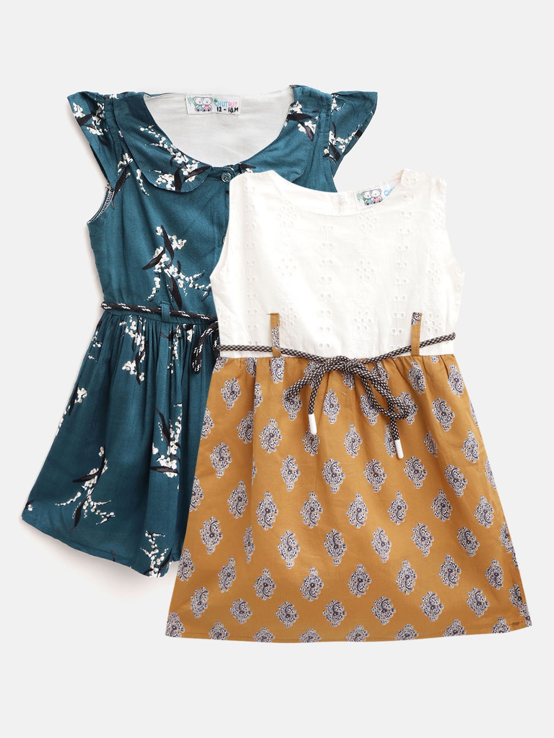 

CHUTPUT Girls Pack of 2 Printed Cotton A-Line Dresses with Belts, Teal