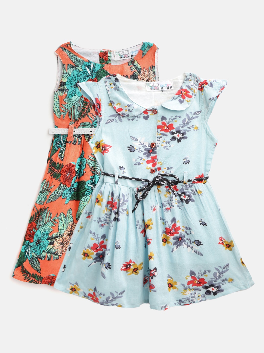 

CHUTPUT Girls Pack of 2 Floral Print Cotton A-Line Dresses with Belts, Multi