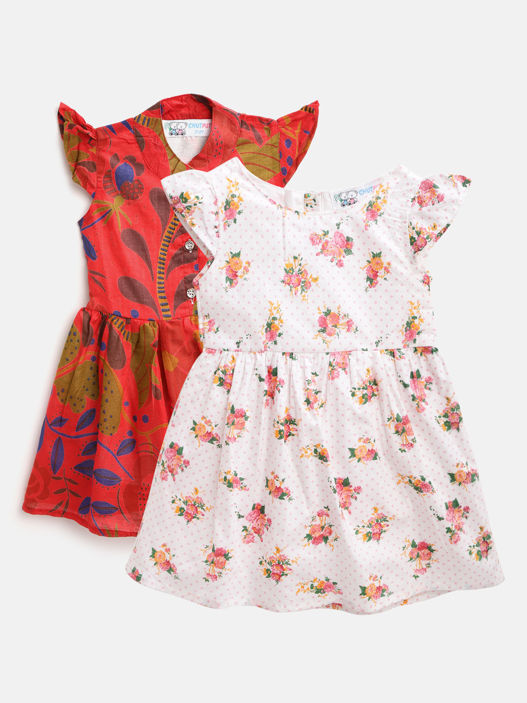 

CHUTPUT Girls Pack of 2 Printed Cotton Dresses, Multi