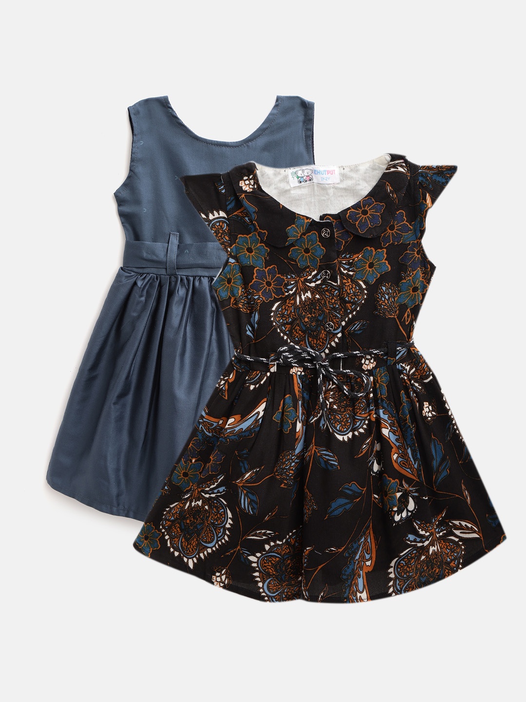 

CHUTPUT Girls Pack of 2 Cotton Dresses, Navy blue