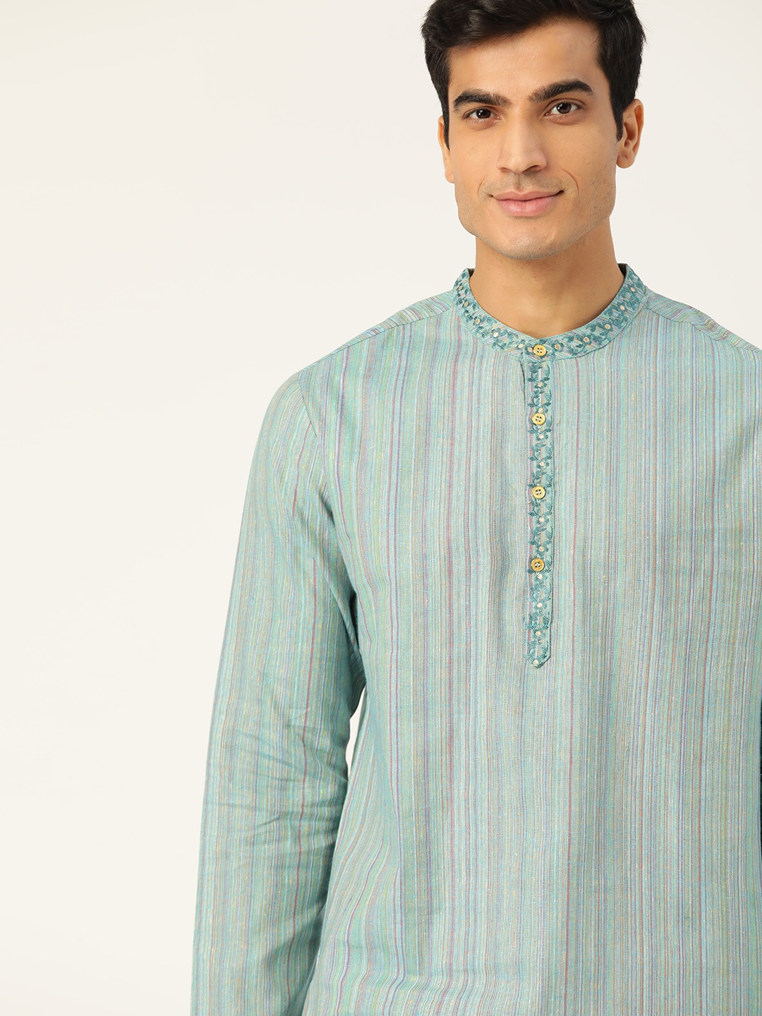

Ode by House of Pataudi Men Blue & Purple Striped Thread Work Pure Cotton Rozana Kurta