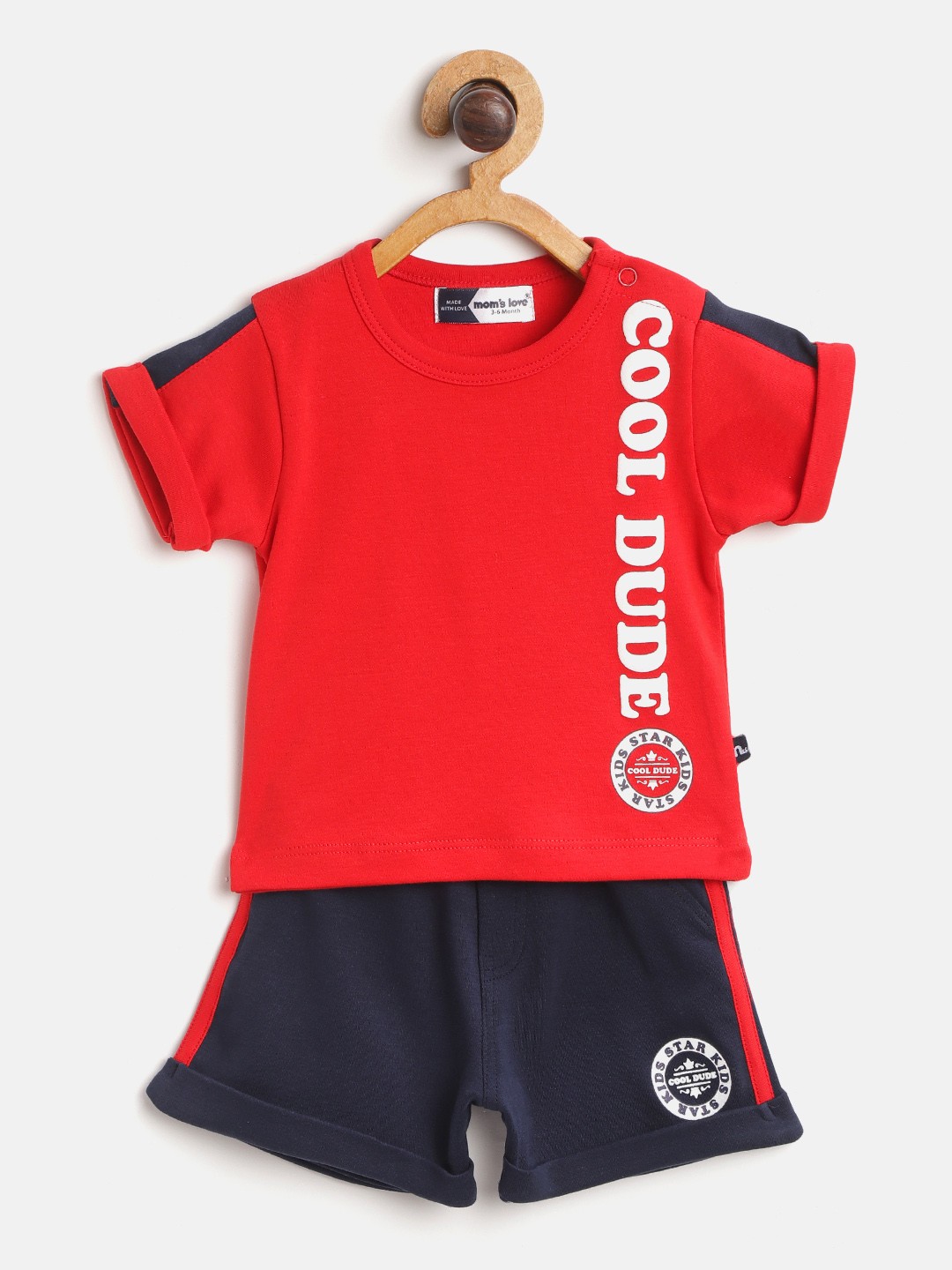 

Moms Love Infant Boys Red & Navy Blue Typography Print Pure Cotton T-shirt & Shorts