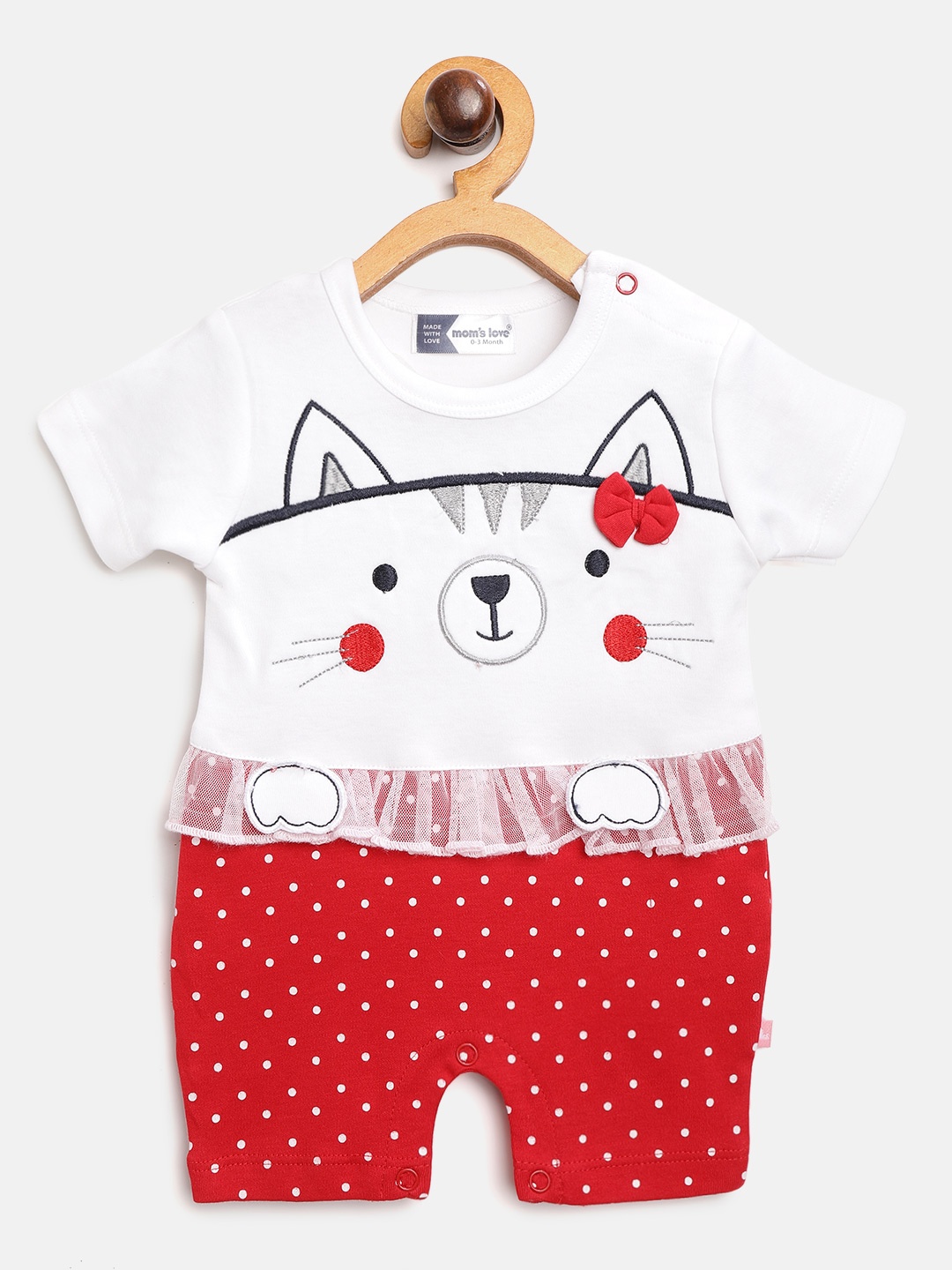 

Moms Love Infant Girls White & Red Colourblocked & Polka Dot Print Pure Cotton Rompers