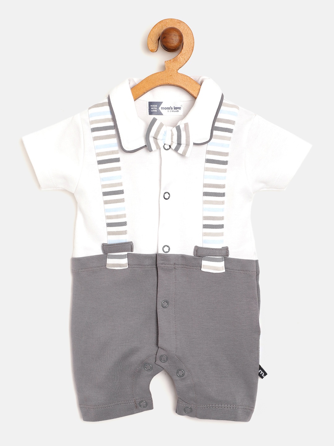 

Moms Love Infant Boys White & Charcoal Grey Cotton Colourblocked Rompers with Bow Detail