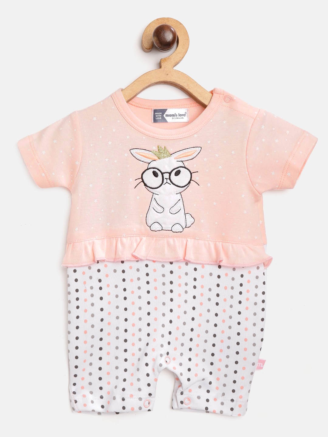 

Moms Love Infant Girls Peach-Coloured & White Polka Dot Print Pure Cotton Rompers
