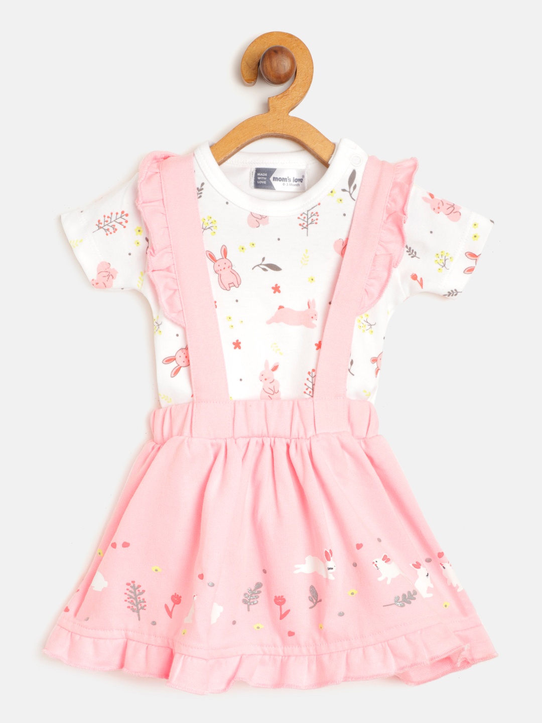 

Moms Love Girls White & Pink Bunny Print Pure Cotton T-shirt with Skirt