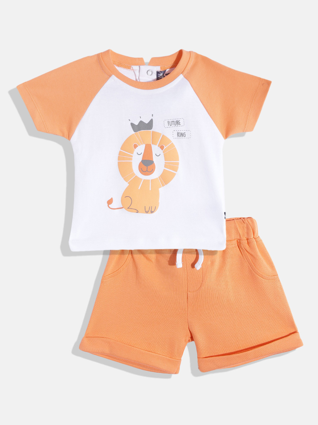 

Moms Love Infant Boys White & Orange Pure Cotton Lion Print T-shirt with Shorts