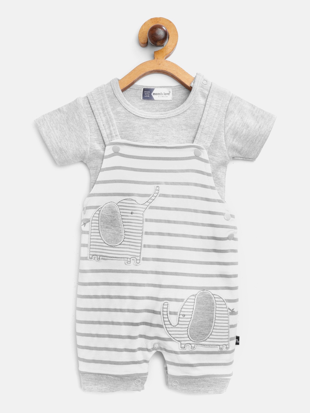 

Moms Love Boys Grey Melange & White Solid Pure Cotton T-shirt with Striped Dungarees