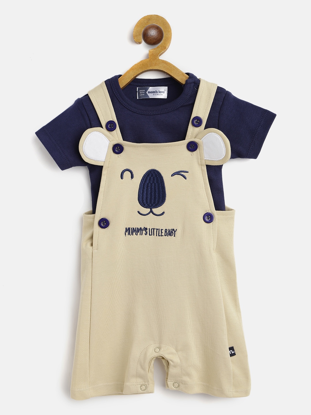 

Infant Boys Navy Blue & Beige Teddy Face Embroidered Pure Cotton Dungaress With T-Shirt