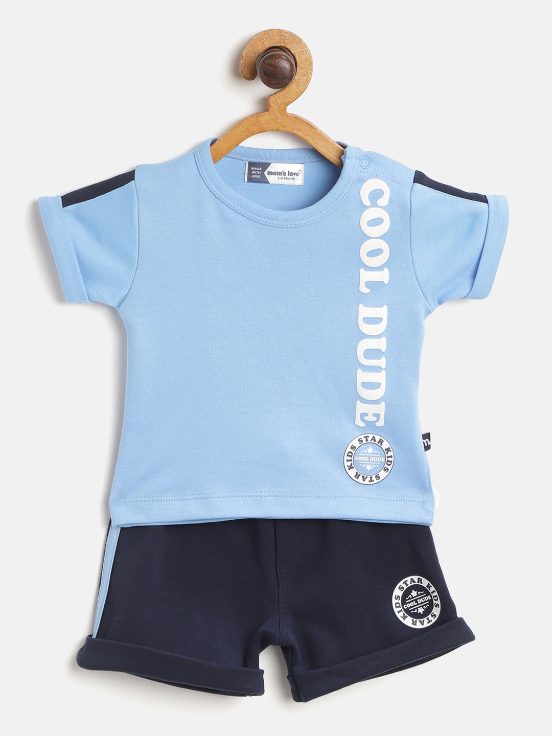 

Moms Love Infant Boys Blue & White Pure Cotton Typography Print T-shirt with Solid Shorts
