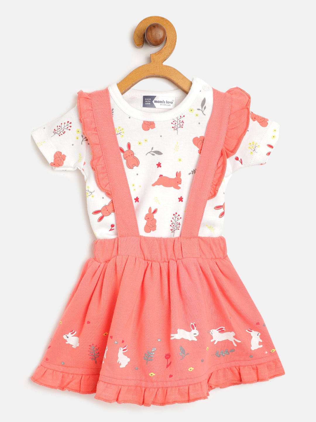 

Moms Love Girls White & Peach-Coloured Bunny Print Pure Cotton T-shirt with Skirt
