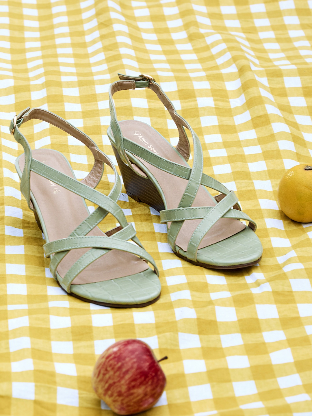 

Allen Solly Women Mint Green Croc Textured Strappy Wedges