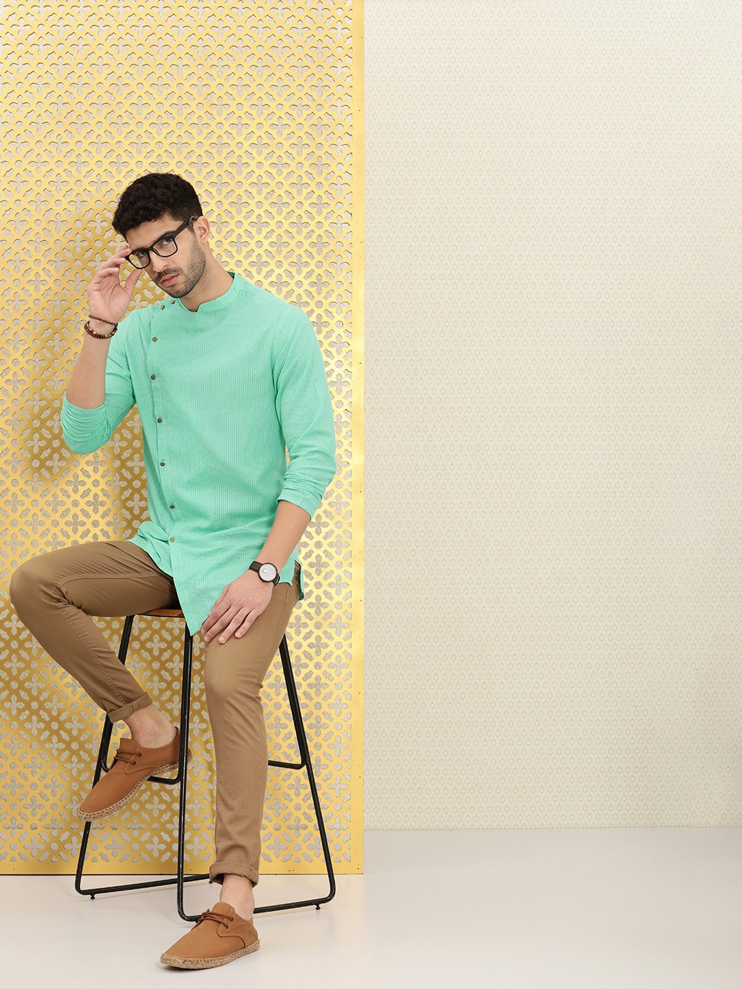 

Ode by House of Pataudi Men Sea Green Striped Embroidery Rozana Cotton Angrakha Kurta