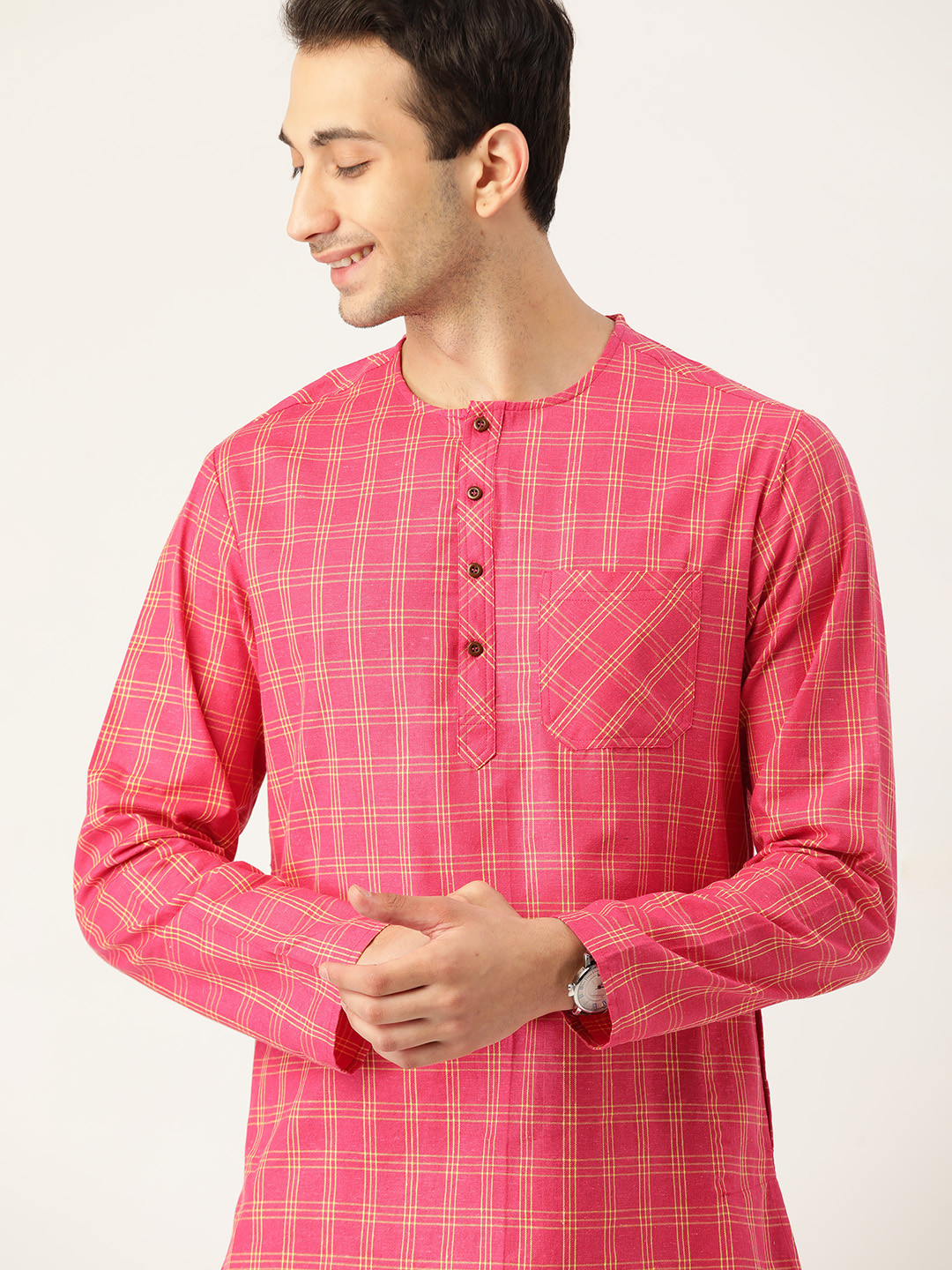 

Ode by House of Pataudi Men Pink & Yellow Checked Pure Cotton Kurta