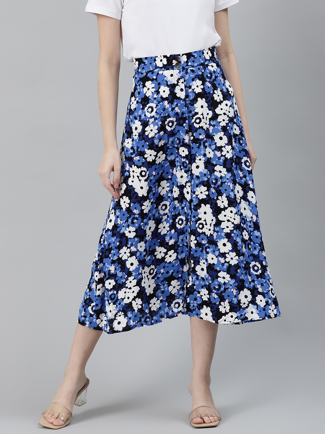 

Marks & Spencer Blue & White Floral Print A-Line Midi Skirt