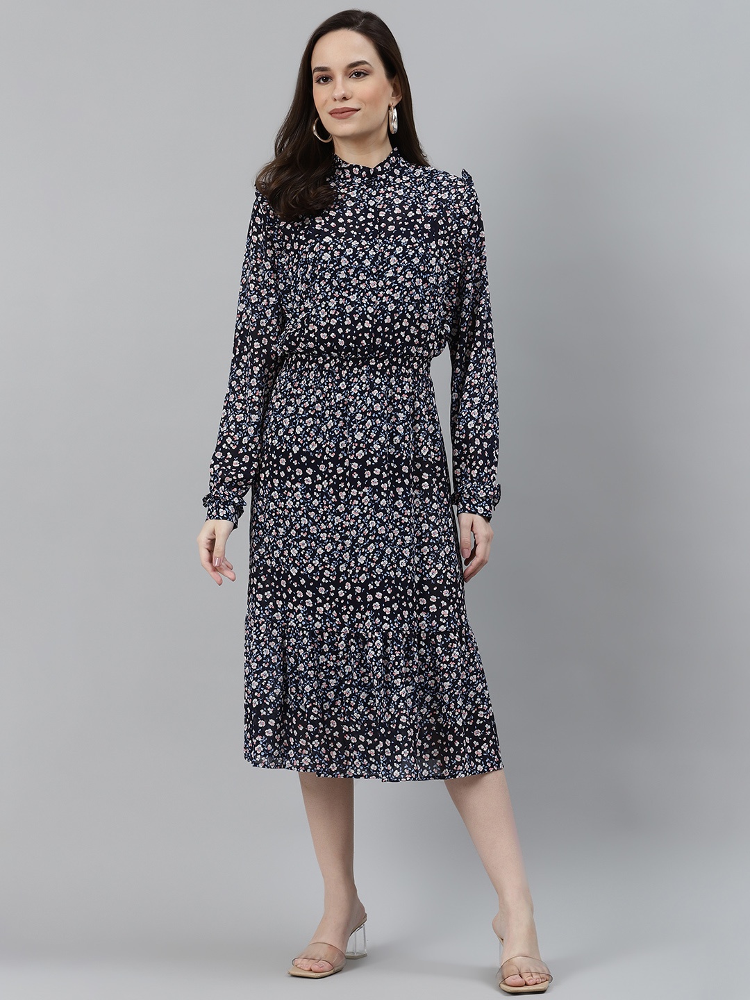 

Marks & Spencer Women Navy Blue & White Floral Printed A-Line Tiered Dress