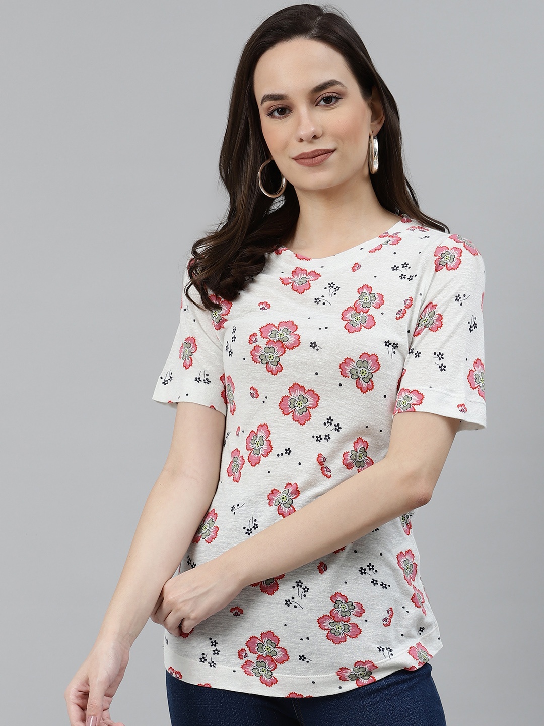 

Marks & Spencer Women Off-White & Red Floral Printed Pure Cotton T-shirt