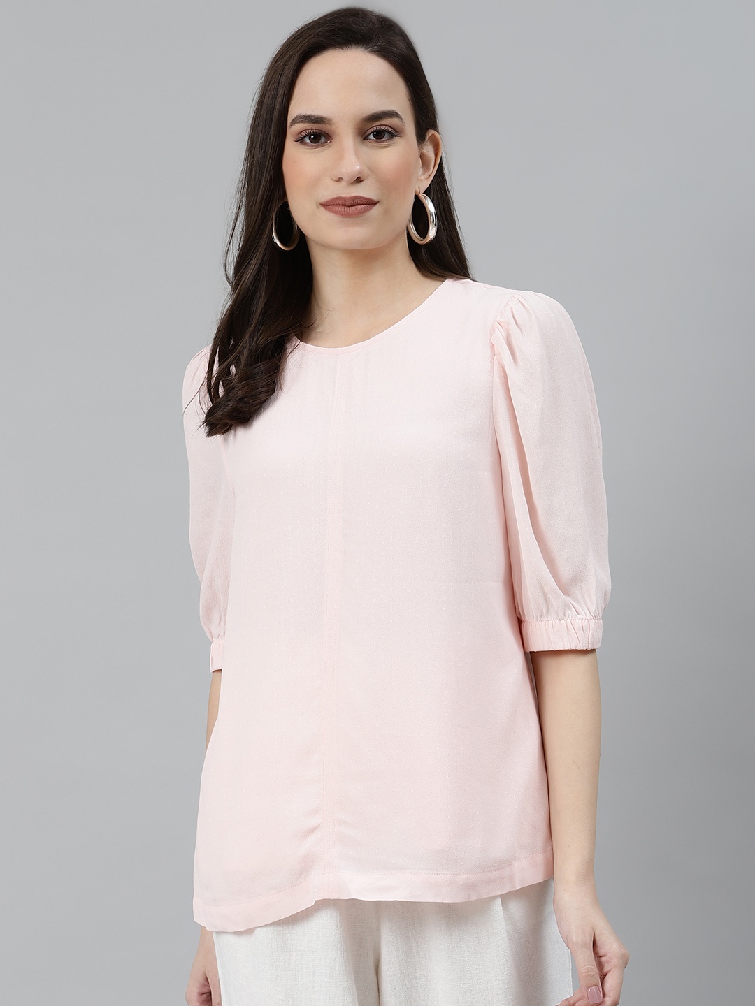 

Marks & Spencer Pink Self Design Puff Sleeves Regular Top
