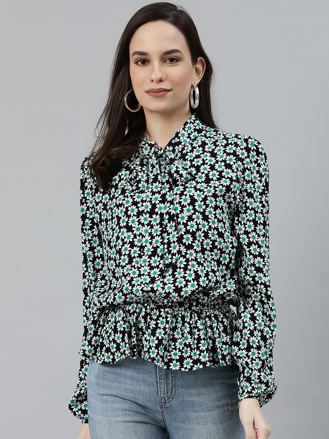 

Marks & Spencer Women Black & Green Floral Printed Pure Cotton Cinched Waist Top