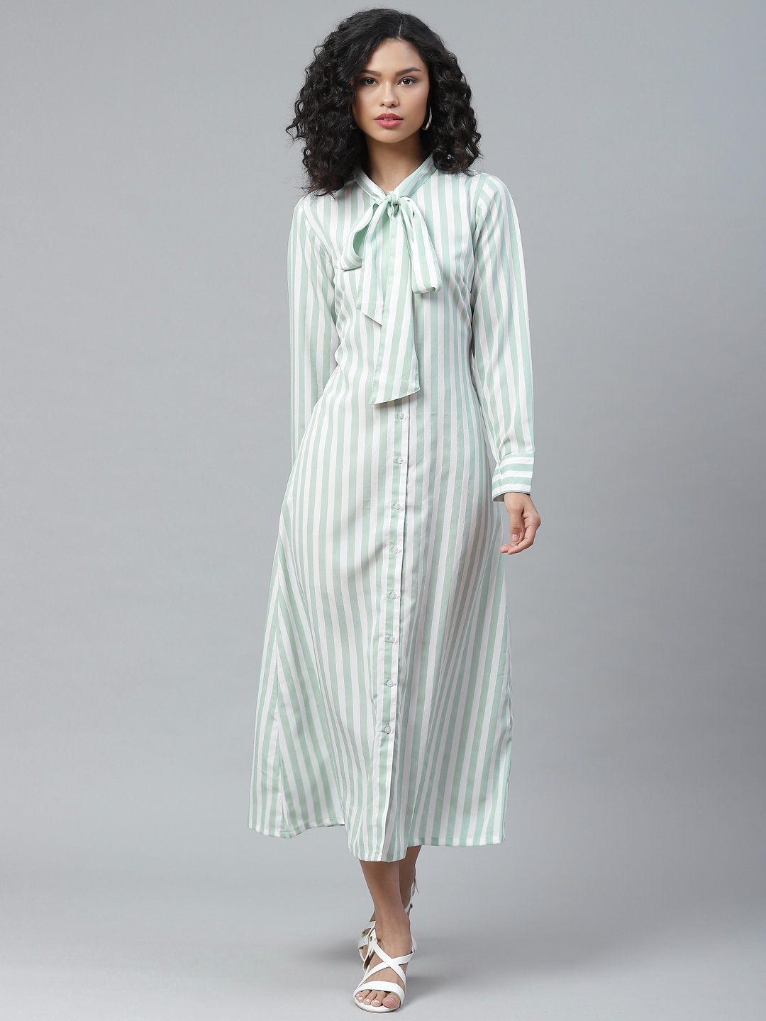 

plusS Catchy White and Green Striped Midi Shirt Dress