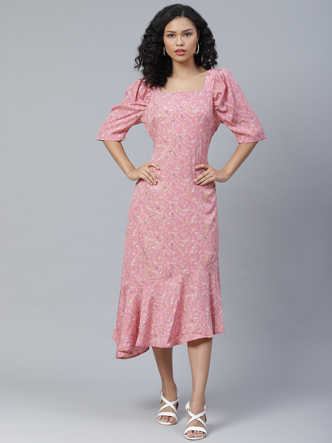 

plusS Elegant Peach and White Printed A-Line Ruffled Hemline Dress