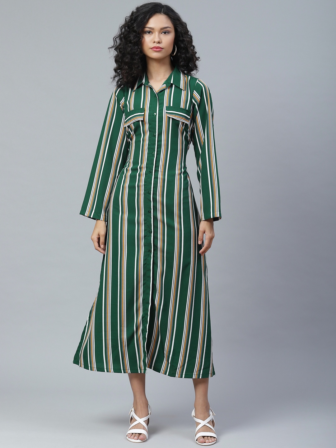 

plusS Attractive Green and White Striped Midi Shirt Dress