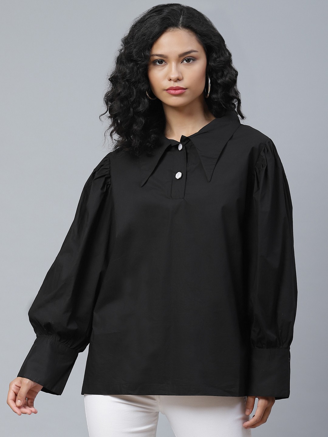 

plusS Deep Black Solid Bishop Sleeves Shirt Style Top