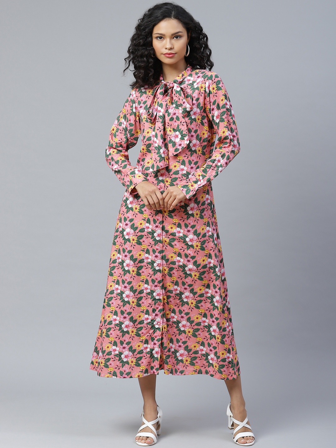 

plusS Enticing Pink and Green Floral Print A-Line Dress